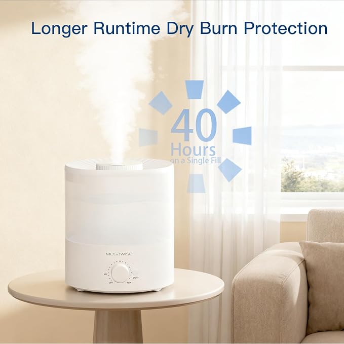 Megawise Cool Mist Humidifiers for Bedroom, 2L Tank Ultra-Quiet Humidifier for Large Room, 40H Runtime with 7 Color Ambient Light, Auto Shut-Off Protection