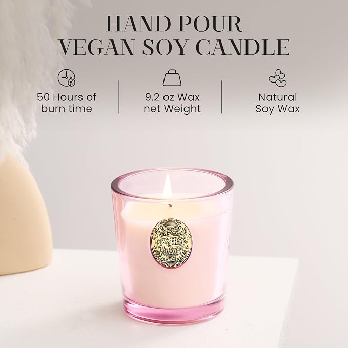 M&SENSE Natural Soy Candle | Saltwater Rose & Pink | 9.2 oz, 50H Burn Time | Candle Gift for Her | Scented Candle for Valentine’s Day
