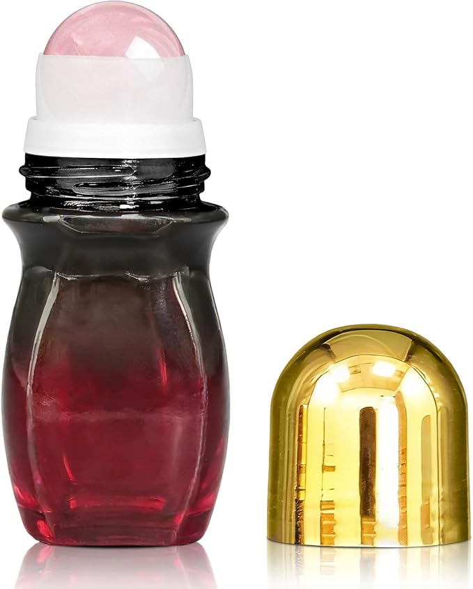 Rose Quartz Roller Waisted Bottles for Essential Oils,30ml Refillable Amber Glass Roll On Bottles with Natural Crystal Roller Balls, Leak-Proof Travel Perfume Bottle with Gold Caps