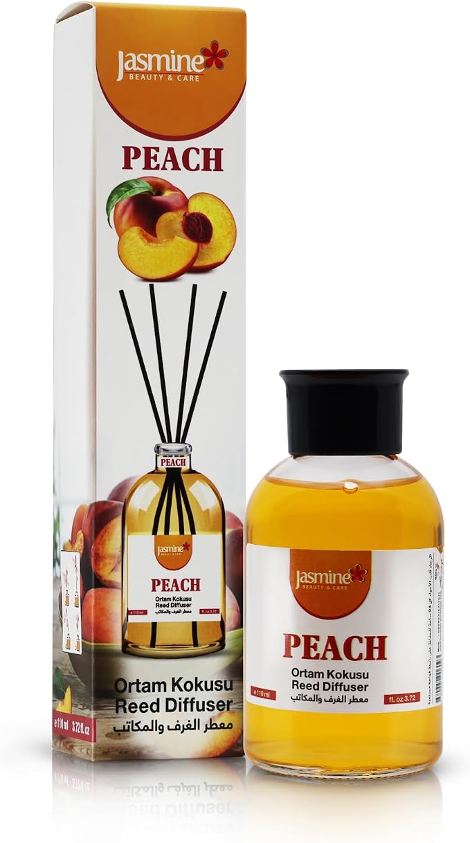 Jasmine Turkish Reed Diffuser (Peach) Set 3.72 Fl. Oz (110ml), with 4 Reed Sticks. For Your Office, Bedroom, Bathroom, Kitchen. Elegant Fragrance for Your Entire Home. A Nice Gift for Your Loved Ones.