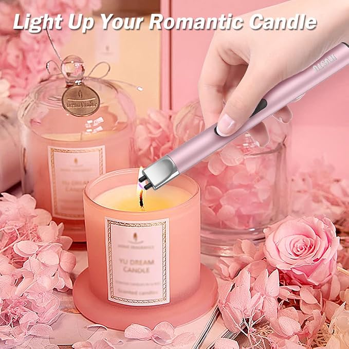 Candle Lighter, Electric Rechargeable USB, Arc Windproof Flameless Plasma Lighter Long Stick, No Butane Fluid, Perfect for Candle BBQ Camping Kitchen Stove, Pink and White
