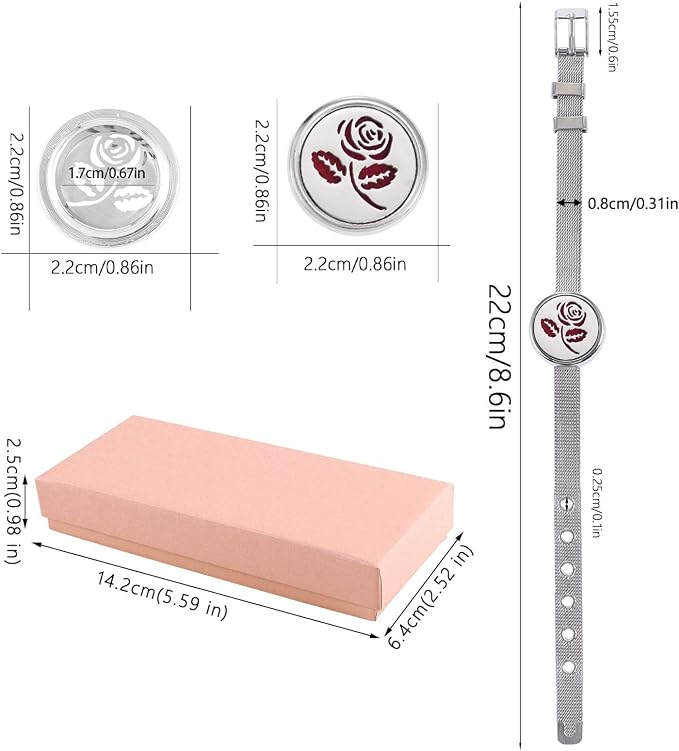 Essential Oil Diffuser Bracelet with Gift Box Aromatherapy Locket Adjustable Stainless Steel Rose Watch Chain Bracelet with 10 Pcs Refill Pads for Women