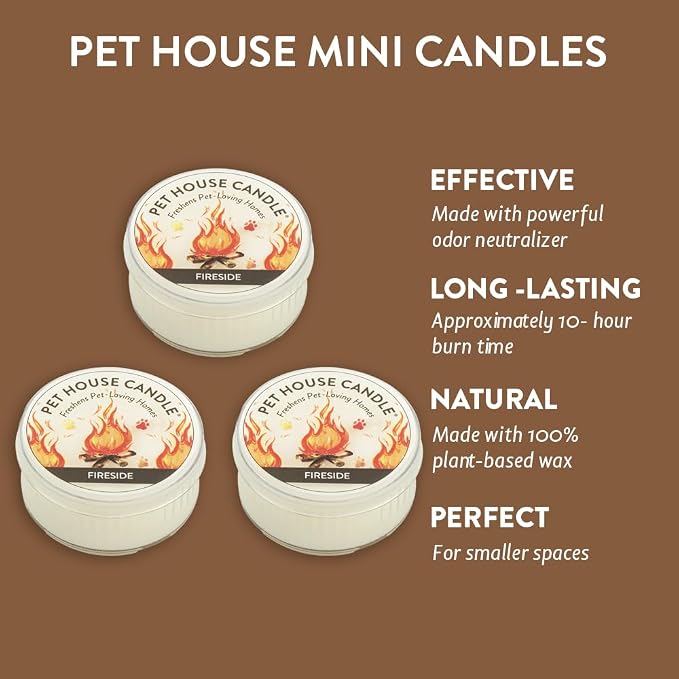 Pet House Mini Candles for Pet Odor Made with Natural Soy Wax, Plant Based, Dog and Cat Friendly Scented Candles, Fireside Pack of 3