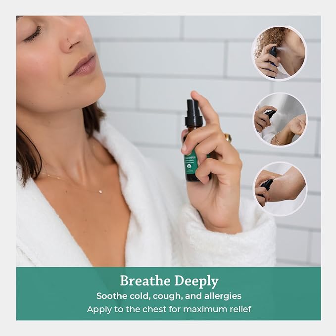 Silk Road Organic Eucalyptus Essential Oil Spray, 100% Pure USDA Certified Aromatherapy - Congestion, Colds, Cough, Sinus, Allergies & Skin Care – 1 Oz Spray