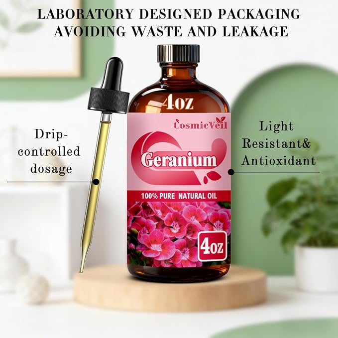 Geranium Essential Oil Geranium Oil for Aroma Diffuser,Humidifier,Home Fragrance,Cleaning,Body Care,Massage,Yoga,DIY Candle,DIY Soap CosmicVeil（Geranium，4 Fl Oz (Pack of 1)）