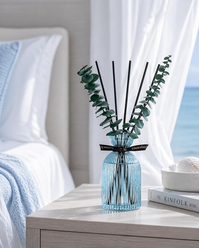 Airkeep Reed Diffuser Set 6.76 oz – Ocean Mist Decorative Home Fragrance with Eucalyptus Sticks, Ribbed Glass Diffuser for Bathroom & Bedroom Décor, Gift Ready