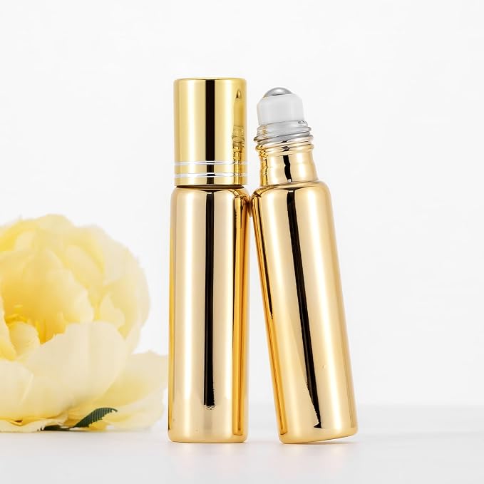 Kesell 10ml Glass Roller Bottles, 6-Pack Gold | Stainless Steel Rollerball, Perfume Vials, Empty Refillable, for Essential Oils, Aromatherapy, Travel, DIY