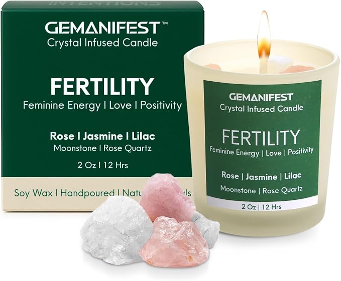 Fertility Manifestation Crystal Candle, Rose Jasmine Lilac Scented Soy Candle with with Moonstone and Rose Quartz, Valentine's Gift for Her/Him, Women's Wellness & Spiritual Healing