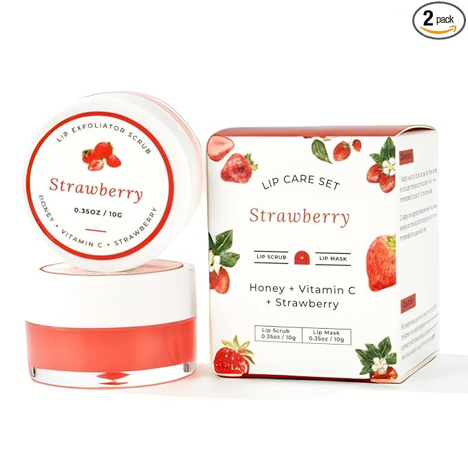 Lip Mask & Scrub Set(Strawberry + Honey + VC), Overnight Moisturizer for Cracked & Dry Lips Care, Hydrating Plumper Kit, Sugar Exfoliator Gift for Women