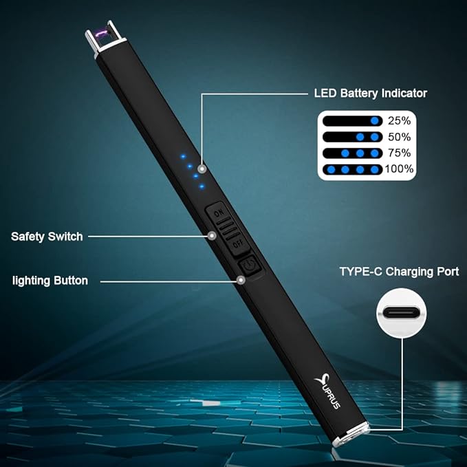 SUPRUS Electric Lighter Arc Windproof Flameless USB Rechargeable Lighter with Safety Lock for Candle BBQ Camping Gifts for Women Mom(Black)