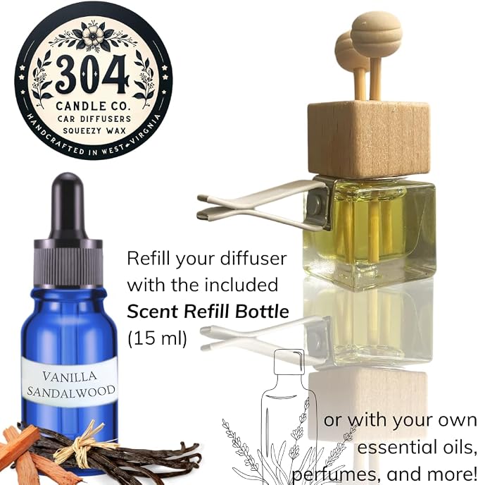 Cute Refillable Car Air Freshener Vent Clip 8mL – Vanilla Sandalwood – 15mL Refill Included – Long Lasting Fragrance Oil Diffuser – 100% American Handmade Odor Eliminator