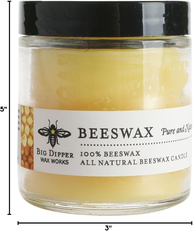 Big Dipper Wax Works Beeswax Glass Candle, Unscented 3.2 oz Apothecary Jar with Lid, 100% Pure Beeswax, Clean Cotton Wick, Reusable Glass, 20-Hour Burn, 2" x 2.5"