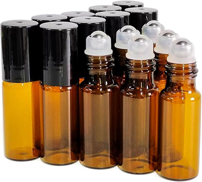 50 PCS 5ml Amber Glass Roller Bottle,Essential Oil Sample Vials with Stainless Steel Roller Ball,Black Caps,for Travel Perfume Cosmetics Small Container(2 Funnels, 2 Dropper, 1 Opener) (5ml)