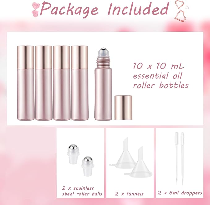 10 Pack 10mL Essential Oil Roller Bottles Empty Glass Roll On Bottles Rose Gold with Stainless Steel Ball Applicator for Perfume Refillable Leak Proof Travel Portable DIY Craft Eye Care Sample