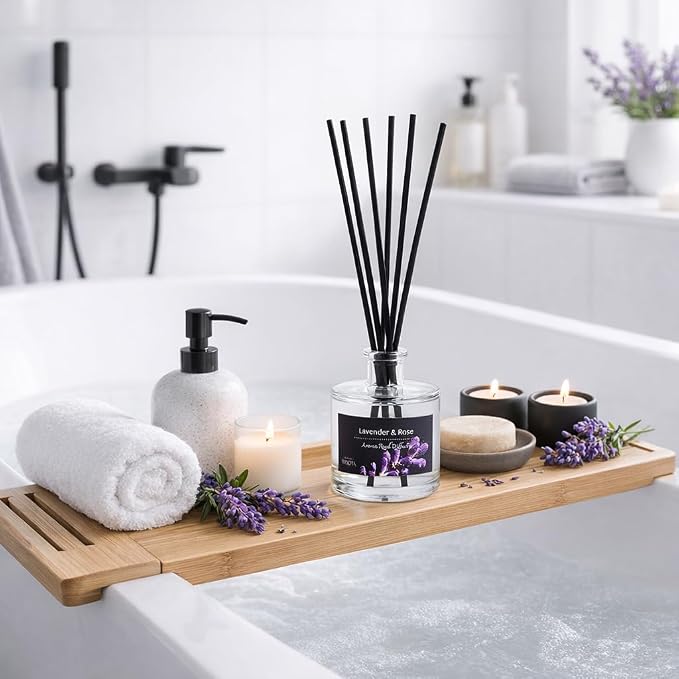 Reed Diffuser Set, Lavender & Rose 3.52 oz (100ml) Scented Diffuser with Sticks Home Fragrance Reed Diffuser for Bathroom Shelf Decor, Ideal Gift for Woman