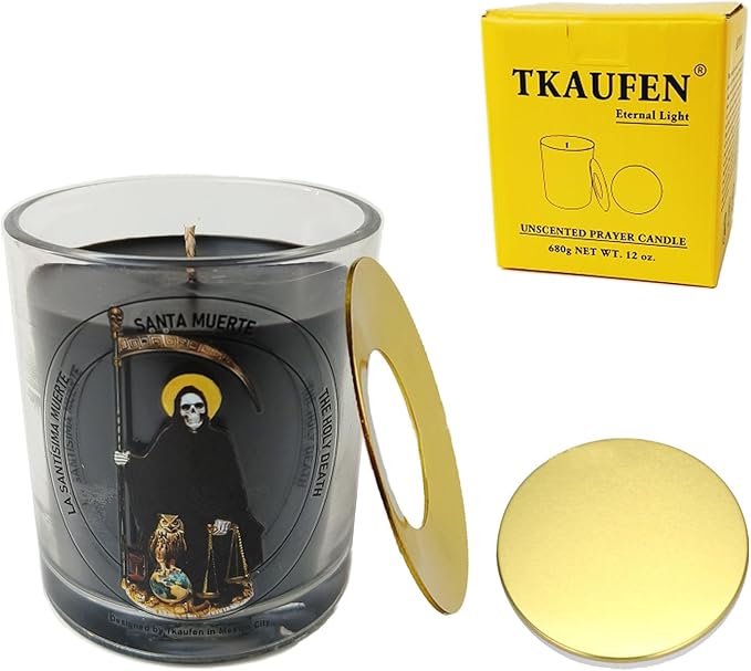 Black Santa Muerte Candle 50 Hours with Warmer Ring│Hand-Poured Soy Wax│Negative Energy Cleansing, Curses Hex Breaking, Protection, Defense, Witchcraft Ritual, Brujeria│Design in Mexico City│3“×3.6”