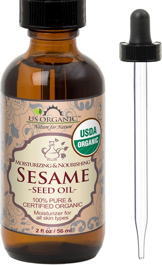 US Organic Sesame Seed Oil, Certified Organic, Untoasted, Unrefined Virgin, Pure & Natural, Cold Pressed, in Amber Glass Bottle w/Glass Eyedropper, Sourced from Mexico (2 oz (Small))