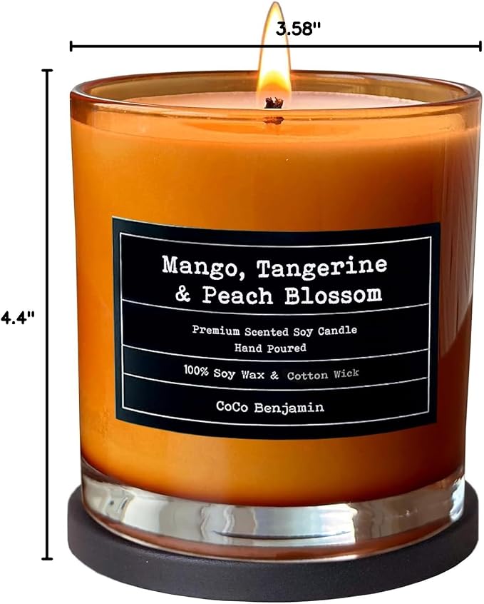 100% Natural Soy Wax Candle by CoCo Benjamin - Highly Scented & Hand-Poured Luxury Candle (Mango, Tangerine & Peach Blossom) - Clean Burning Cotton Wick