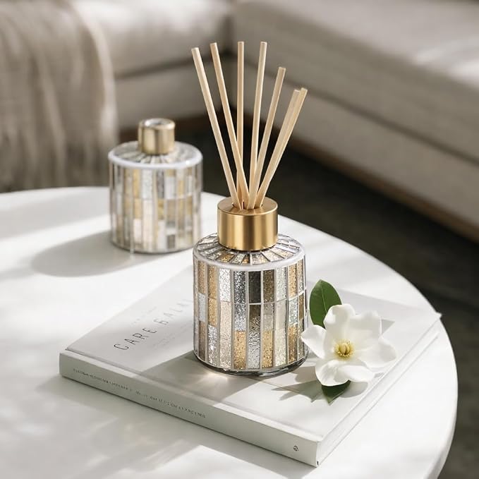 7.3oz Decorative Vertical Stripe Mosaic Glass Reed Diffuser Bottle Set with Silver Caps & 16pcs Natural Feed Sticks-Set of 2 - Ideal for Home Fragrance, Bathroom Decoration, Accent (Amber)