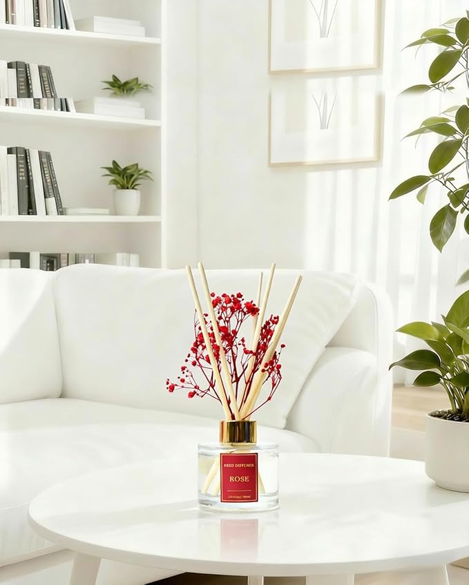 Reed Diffuser Set-Rose Scent Fragrance Oil Diffuser with 6 Reed Sticks | Home & Bedroom Bathroom Decor,3.38 fl oz (100ml)
