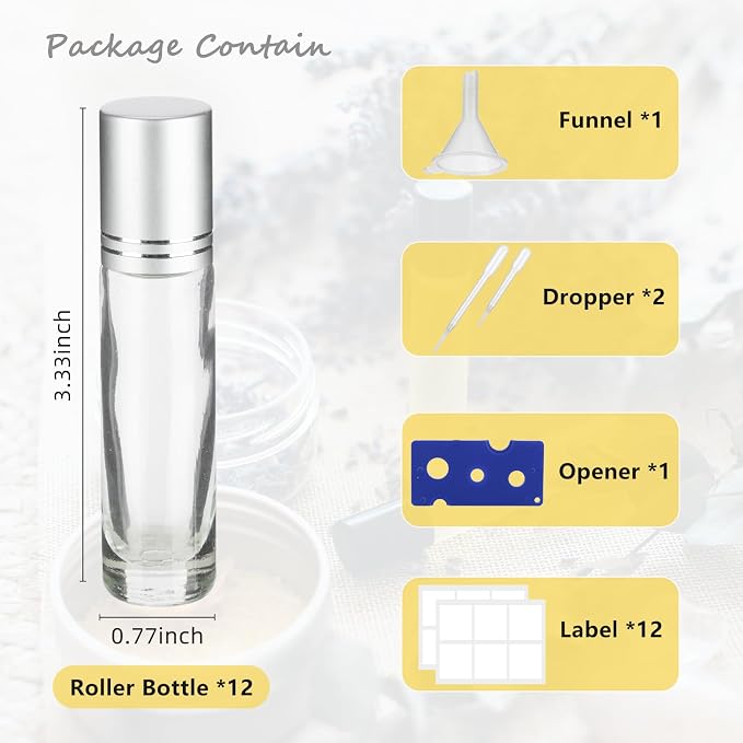 10ML Essential Oil Roller Bottles, 12 Pack Clear Oil Roller Bottles for Essential Oils, Roll on Bottle with Stainless Steel Balls(12 Labels, Opener, Funnel, Dropper Included)
