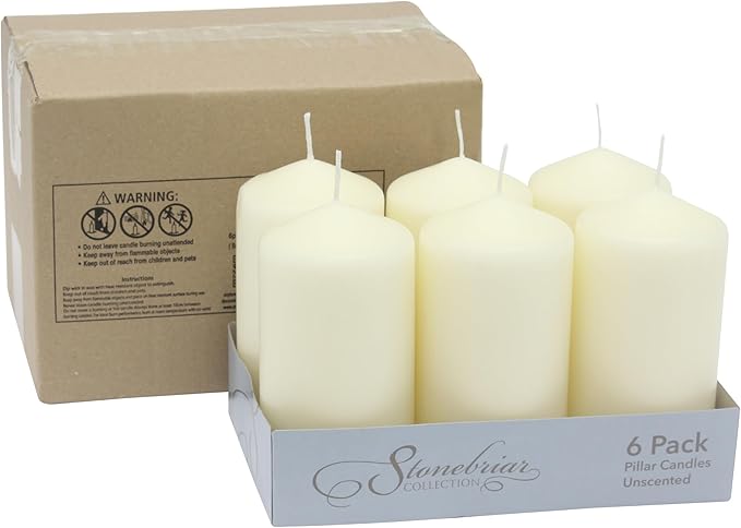Stonebriar Unscented Pillar Candles – 65 Hour Burn Time, Long-Lasting Wax Candles for Weddings, Holidays, Home Décor & Special Events, Pack of 6, Ivory, 3" x 6"