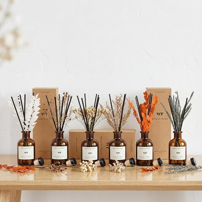WEALD TRIBE Reed Diffuser Set for Bathroom Air Fresheners, Oil Diffuser Sticks | Sandalwood & Ebony Scent 4.0 fl oz Home Fragrance with Sticks Defusers | House Bedroom Office Shelf Decor