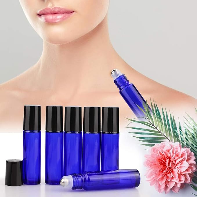 sungwoo 12 Pack Essential Oil Bottles, 10ml Blue Glass Bottles with Stainless Steel Roller Balls and Caps for Travel, Perfume and Lip Gloss