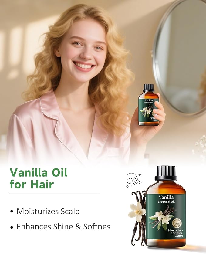 Vanilla Essential Oil, Pure Mumianhua Natural Vanilla Bean Oil for Diffuser, Warm Cozy Aroma, Skin Care, Perfume, Candle & Soap Making, DIY – 3.38 Fl Oz