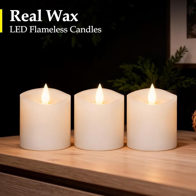 Flameless Candles with Flickering Flame & Remote - 3×3'' Battery Operated LED Pillar Candles, Smokeless Fake Candles for Indoor Use - Realistic 3 Inch Drip-Free Candles with Timer (White, 3-Pack)