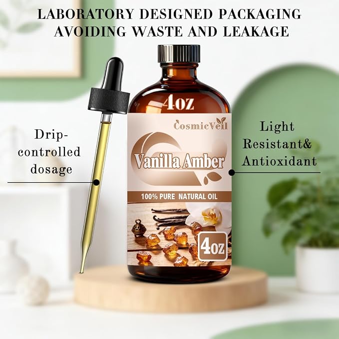 Vanilla Amber Essential Oil for Aroma Diffuser,Humidifier,Home Fragrance,Cleaning,Body Care,Massage,Yoga,DIY Candle,DIY Soap CosmicVeil（Vanilla Amber，4 Fl Oz (Pack of 1)）