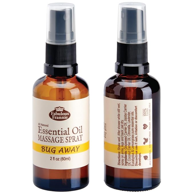 Fabulous Frannie Bug Away Healthy Massage Spritz Made with Carrier Oils and Citronella, Lavender, Eucalyptus and Lemongrass Essential Oils 2oz