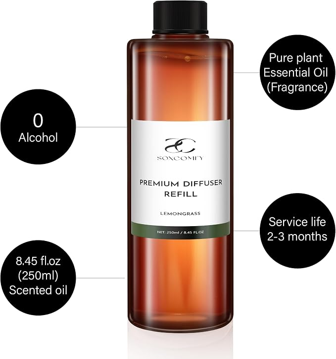 Diffuser Oil Refill, 250ml / 8.45 fl oz, Lemongrass - Reed & Aromatherapy Diffuser Oil, Long-Lasting Home Fragrance, Grapefruit, Lemon & Musk Notes