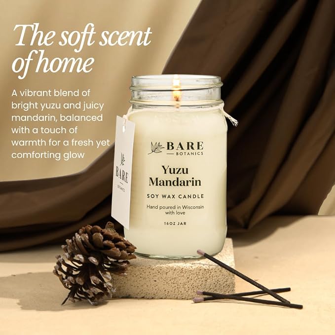 Bare Botanics Yuzu Mandarin Scented Soy Candle - Premium Candle in 16 oz Mason Jar - 100% Natural Soy Wax & Plant-Based Fragrance Oils, Softly-Scented - Handpoured in WI - 85 Hrs Long Burning