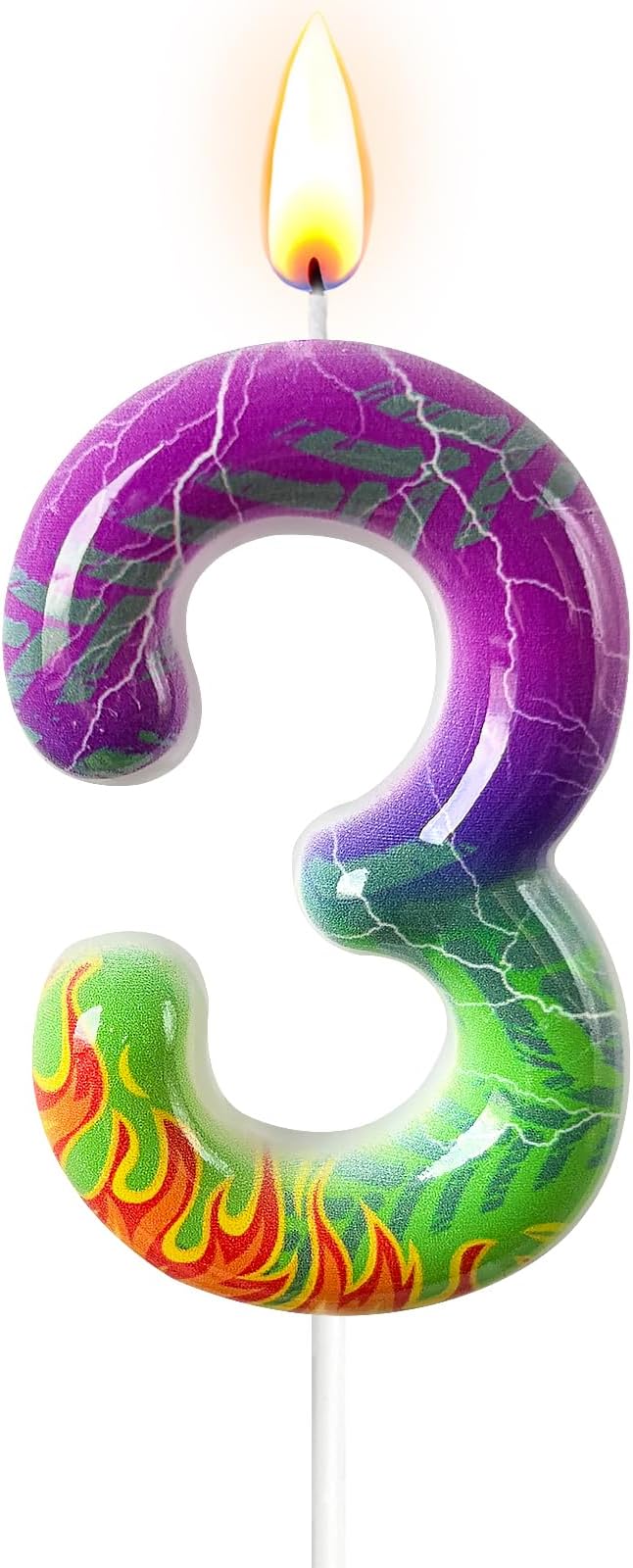 Number 3 Birthday Candle for Cake – Purple Green Flame Design with Lightning & Tire Track Pattern – Off-Road Truck Theme Cake Topper for Birthday Party Decoration