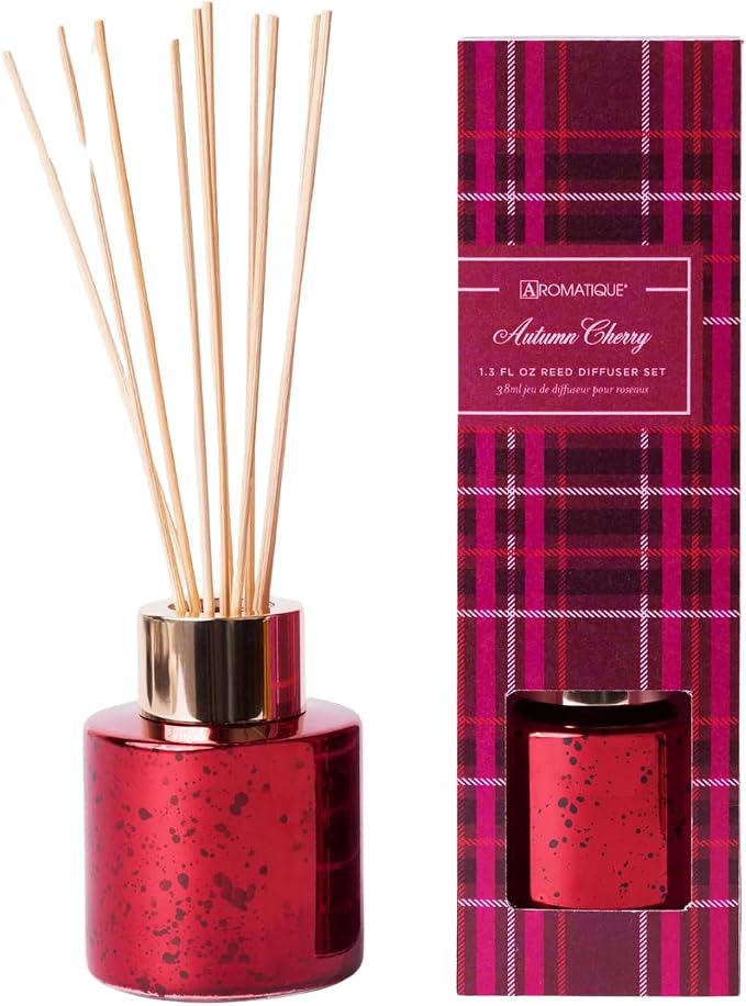Aromatique Autumn Cherry Mini Reed Diffuser | Home Fragrance Decor Long Lasting Living Room Air Freshener Aromatherapy Deodorizer Oil Notes of Cherry, Apple, Cinnamon, Vanilla, Musk, Amber 1.3oz