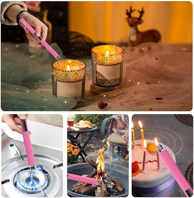 SUPRUS Fluorescent Glows in The Dark Electric Candle Lighter Rechargeable USB Arc lighters with Safety Lock Windproof Flameless Plasma for Candle BBQ Camping (Pink, 3)