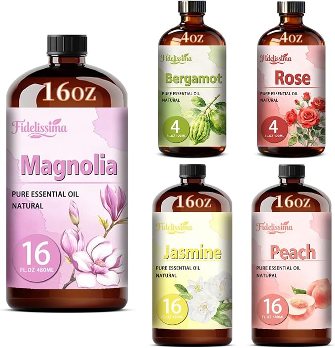 Fidelissima Natural Essential Oil Set,5 Scents Gift Kit–Magnolia,Bergamot,Rose,Jasmine,Peach,Fragrance Oil for Diffuser,Candle Soap Making,Personal Care with Glass Dropper