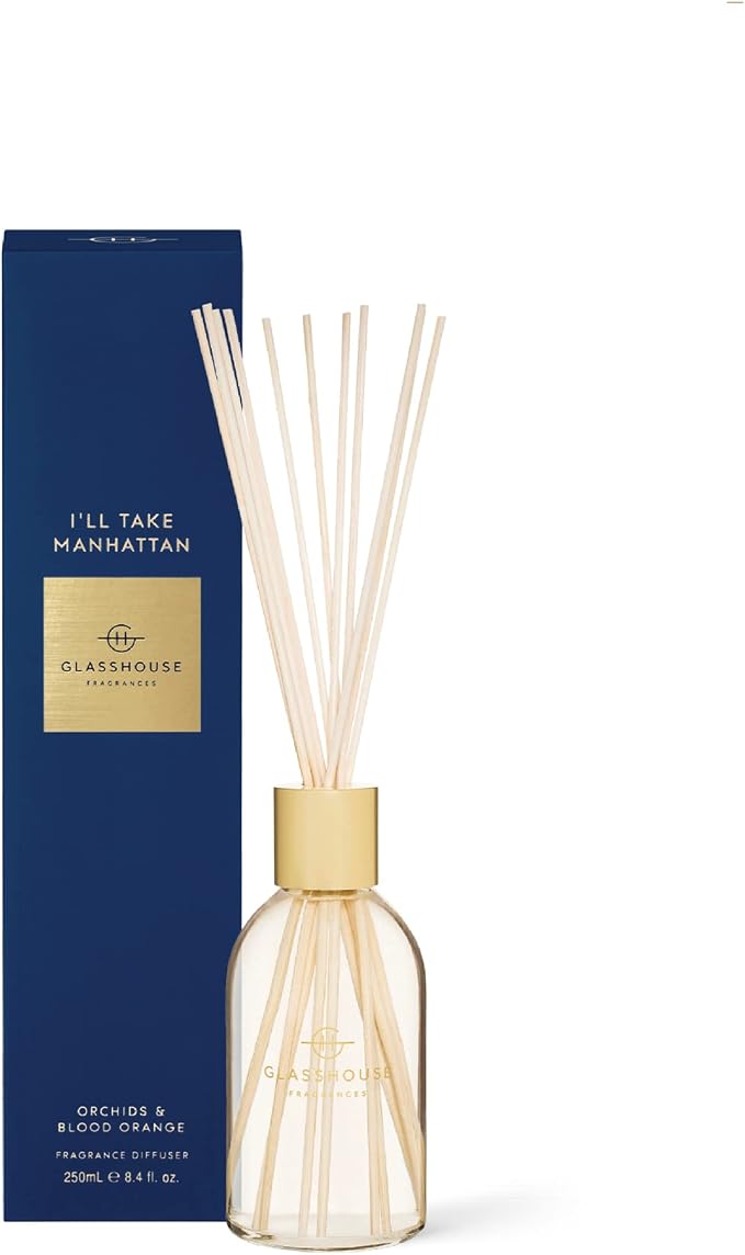 Glasshouse Fragrances I'll Take Manhattan Reed Diffuser, Home Fragrance & Perfume Scented Room Decor, Natural & Oil Free, Orchids & Blood Orange, 8.5 Oz (250mL)