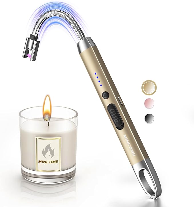 Candle Lighter, Windproof Flameless Electric lighters, Long Lighter with 360° Neck & Safety Switch, USB-C Rechageable LED Power Display Arc Lighters for BBQ Candle Birthday