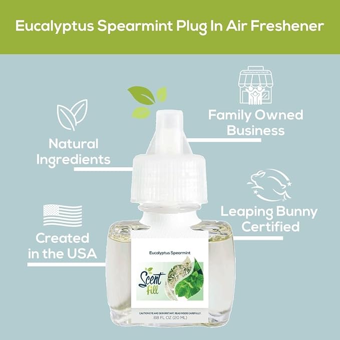 Scent Fill Eucalyptus Spearmint Plug in Air Freshener, Scented Oil Refills, 2 Refills + Diffuser