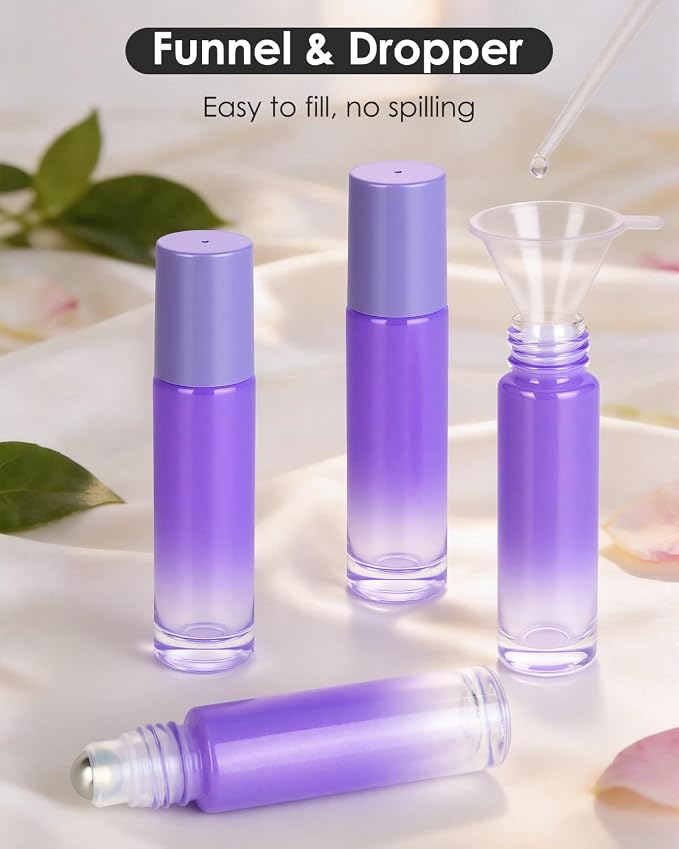Worldgsb 25 Pack Essential Oil Roller Bottles, 10ml Refillable Glass Roller Bottles with Stainless Steel Roller Balls and Caps for Travel, Perfume and Lip Gloss Purple Gradient
