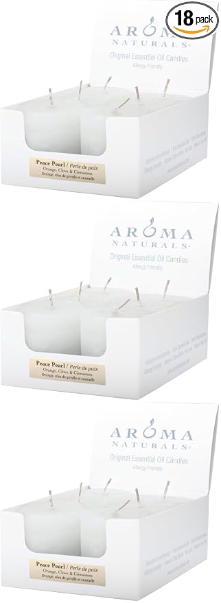 Aroma Naturals Votive Candles with Orange Clove and Cinnamon Essential Oil White Scented, Peace Pearl, 5.5x3.75x2 Inch, 6 Count (Pack of 3)