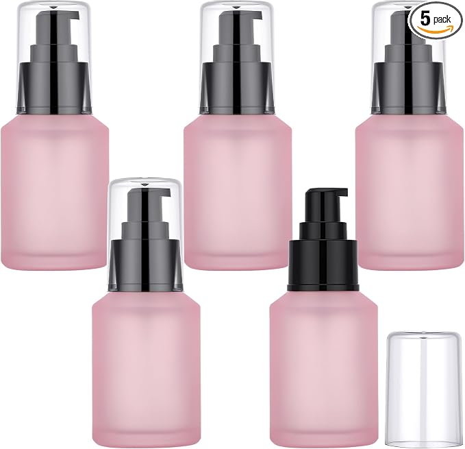 Segbeauty 2oz Frosted Glass Refillable Pump Bottles for Toiletries, 5pcs Travel Size Empty Bottles with Pumps for Cosmetics, 60ml Pink Travel Containers for Oils Bottle Dispenser Liquid Containers