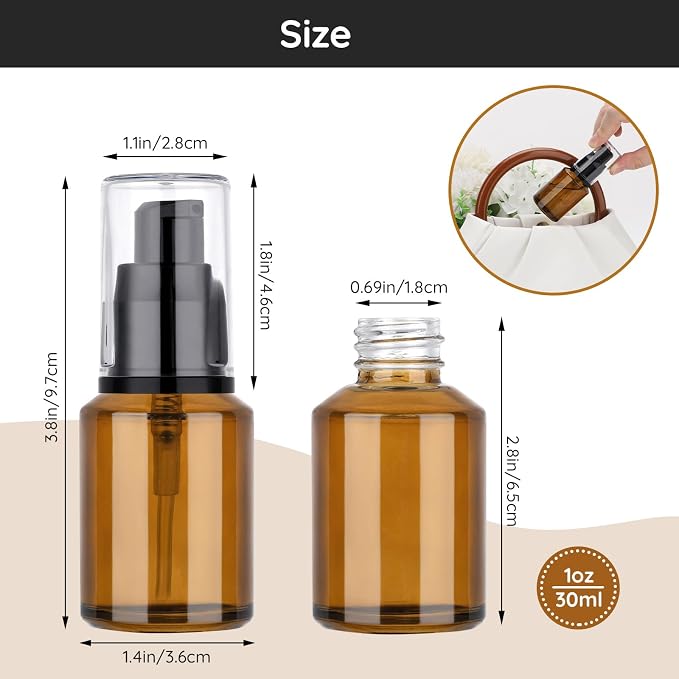 Segbeauty 1oz Frosted Empty Glass Pump Bottle Dispensers, 3 Pack 30ml Travel Size Pump Bottles, Reusable Lotion Container Foundation Bottle for Travel, Refillable Cosmetic Containers for Women Amber