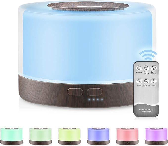 Aromatherapy Essential Oil Diffuser,500ML Ultrasonic Aroma Cool Mist Humidifier with Adjustable Mist Mode,Waterless Auto Shut-Off and Remote Control,7 Color Changing LED Night Lights for Home