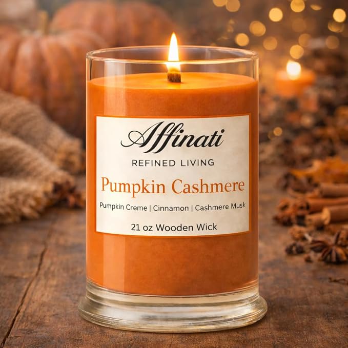 Affinati Pumpkin Cashmere Large Scented Candle, 21 oz Wooden Wick Tumbler – Highly Fragrant Extra Long Burning Cozy Fall Fragrance, Soy Blend