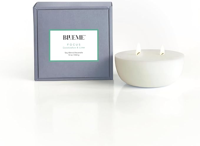 Blueme Focus Candle Refill | Eucalyptus & Lime | 2 Wick - Contains Essential Oil, Sustainable, Hand Finished, Hand Poured, Luxury Refill, Natural Cotton Wick, Soy-Wax Blend | Medium 12 oz