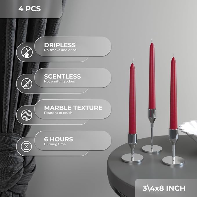 CANDWAX Bordeaux 8 inch Taper Candles Set of 4 - Unscented Smokeless Dripless Tall Candlesticks - Ideal for Party, Wedding or as a Romantic Dinner Table Centerpiece - Tapered Candle Sticks