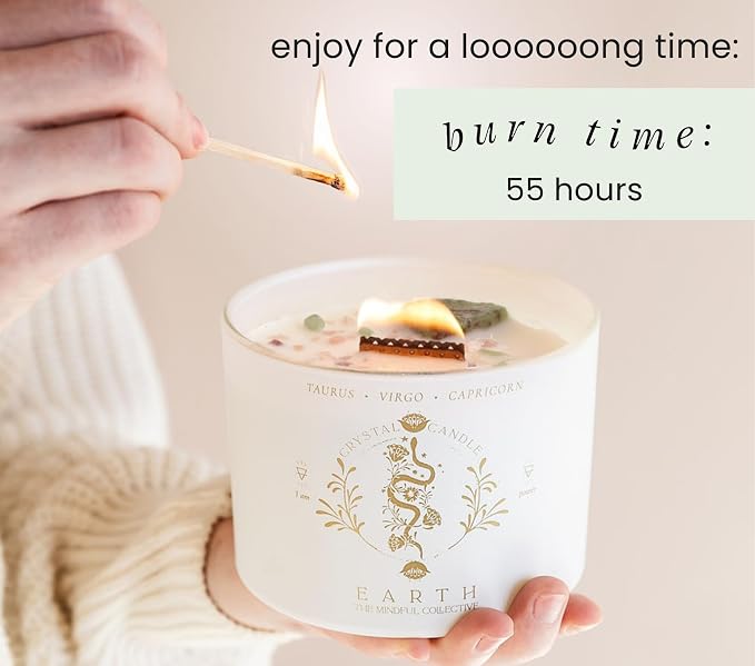 Taurus Virgo Capricorn Gifts for Women - 12oz Wood Wick Candles that Crackle with Crystals and Healing Stones. Healing Crystal Candles for Women Home Scented. Soy Wax, for Zodiac Birthdate